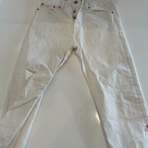 TOPMAN JEANS, WHITE TAN STITCHING, 32L, CROPPED STANDARD, BUTTON FLY